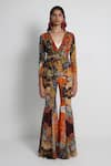 Buy_Forty Four_Multi Color Crepe, Cotton, Lycra Embroidery V-neck Hand Long Jacket Set _at_Aza_Fashions