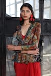 Forty Four_Red Crepe, Cotton, Lycra Embroidery V-neck Multi Color Designer Jacket Set _at_Aza_Fashions