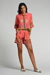Buy_Taroob_Pink Linen Embroidery Collared Monkey Pop Shirt And Shorts Set _at_Aza_Fashions