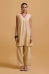 Buy_Gulabo By Abu Sandeep_Beige Chanderi Embroidery V-neck Jacket Kurta Pant Set 