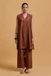 Gulabo By Abu Sandeep_Brown Chanderi V-, Round Jacket Kurta Pant Set _Online_at_Aza_Fashions