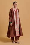 Gulabo By Abu Sandeep_Brown Chanderi V-, Round Jacket Kurta Pant Set _at_Aza_Fashions