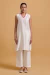 Gulabo By Abu Sandeep_Off White Chanderi Embroidery V-, Round Jacket Kurta Pant Set _Online_at_Aza_Fashions