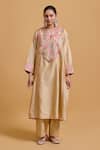 Shop_Gulabo By Abu Sandeep_Beige Chanderi Embroidery V-neck Kurta Pant Set _Online_at_Aza_Fashions