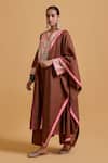 Buy_Gulabo By Abu Sandeep_Brown Chanderi Embroidery Split V-neck Kurta Pant Set _at_Aza_Fashions
