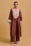 Gulabo By Abu Sandeep_Brown Chanderi Embroidery Split V-neck Kurta Pant Set _Online_at_Aza_Fashions