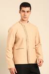 Shop_Mayank Modi - Men_Beige Cotton Embroidery Print Malai Bomber Jacket _Online_at_Aza_Fashions