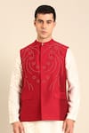 Buy_Mayank Modi - Men_Red Silk, Cotton Sequins, Embroidery Designer Nehru Jacket _Online_at_Aza_Fashions