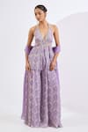 Buy_Neha Khullar_Lilac Viscose, Chinon Pearls, Beads, Mirrors Mosaic Print Kurta Sharara Set _at_Aza_Fashions