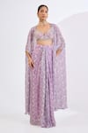 Buy_Neha Khullar_Lilac Viscose, Chinon Mirrors, Pearls V-neck Mosaic Print Drape Skirt Set _at_Aza_Fashions