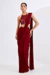 Buy_Neha Khullar_Red Viscose, Georgette Cut Work, Mirrors, Sequins Deep Pre-draped Saree Set _at_Aza_Fashions