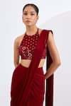 Shop_Neha Khullar_Red Viscose, Georgette Cut Work, Mirrors, Sequins Deep Pre-draped Saree Set _at_Aza_Fashions