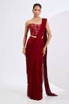 Buy_Neha Khullar_Red Viscose, Georgette, Crepe Cut Work, Mirrors, Deep Pre-draped Saree Set _at_Aza_Fashions