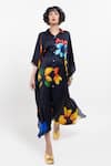 Buy_Pop Sugar_Black Vegan Silk Collared Floral Print Kaftan _at_Aza_Fashions