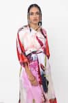 Shop_Pop Sugar_Red Vegan Silk V-neck Abstract Print Kimono Dress _at_Aza_Fashions