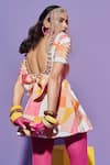 Shop_Esha L Amin_Multi Color Linen, Satin Embroidery Round Neck Geometric Print Dress _at_Aza_Fashions