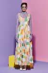 Buy_Esha L Amin_Multi Color Viscose Scoop Neck Square Print Long Dress _at_Aza_Fashions