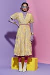 Buy_Esha L Amin_Yellow Crepe Cut Work V-neck Amoeba Print Maxi Dress _at_Aza_Fashions