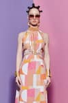 Esha L Amin Multi Color Viscose, Crepe Beads Halter Neck Geometric Print Dress Online at Aza Fashions Esha L Amin_Multi Color Viscose, Crepe Beads Halter Neck Geometric Print Dress _Online_at_Aza_Fashions