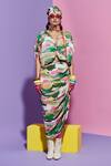 Shop_Esha L Amin_Multi Color Georgette Beads V-neck Ruched Scenery Print Top _at_Aza_Fashions