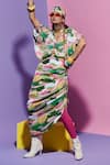 Buy_Esha L Amin_Multi Color Georgette Beads V-neck Ruched Scenery Print Top _at_Aza_Fashions