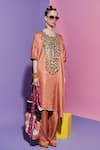 Esha L Amin_Peach Linen, Silk Sequins Round Neck Pink Embroidered Kurta _Online_at_Aza_Fashions