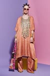 Buy_Esha L Amin_Peach Linen, Silk Sequins Round Neck Pink Embroidered Kurta _at_Aza_Fashions