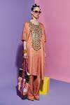 Esha L Amin_Peach Linen, Silk Straight Pink Pants _Online_at_Aza_Fashions