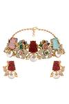 Shop_HRISHA_Multi Color Gemstones, Pearls Multicoloured Designer Necklace And Earring Set _at_Aza_Fashions