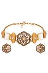Shop_HRISHA_Gold Plated Stones Antique Floral Necklace And Earring Set _at_Aza_Fashions