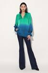 Linetribe__Green Viscose, Satin V-neck Gradient Top _Online_at_Aza_Fashions