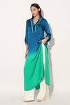 Buy_Linetribe__Multi Color Viscose, Satin Split V-neck Designer Green Blue Tunic _at_Aza_Fashions