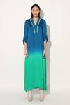 Buy_Linetribe__Multi Color Viscose, Satin Split V-neck Designer Green Blue Tunic _Online_at_Aza_Fashions