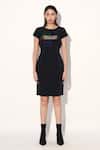Buy_Linetribe__Black Crepe Round Neck Color Block Quilted Dress _at_Aza_Fashions