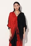 Linetribe__Red Viscose, Satin V-neck And Black Kaftan Dress _at_Aza_Fashions