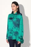 Linetribe__Green Viscose, Satin Collared Tie-dye Designer Shirt _at_Aza_Fashions