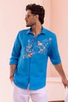 Shop_Asuka_Blue Linen Embroidery Zodiac Safari Shirt _at_Aza_Fashions