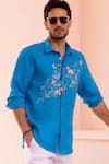 Asuka_Blue Linen Embroidery Zodiac Safari Shirt _Online_at_Aza_Fashions