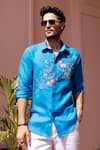 Buy_Asuka_Blue Linen Embroidery Zodiac Safari Shirt _at_Aza_Fashions