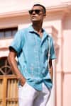 Buy_Asuka_Turquoise Linen Embroidery Waveform Echo Shirt _Online_at_Aza_Fashions
