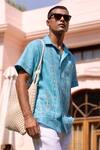 Shop_Asuka_Turquoise Linen Embroidery Waveform Echo Shirt _at_Aza_Fashions
