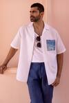 Buy_Asuka_White Linen Embroidery Indigo Patch Pocket Shirt _at_Aza_Fashions