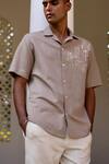 Asuka_Brown Linen Embroidery Dune Grid Shirt _Online_at_Aza_Fashions