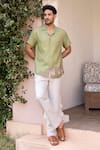 Asuka_Green Linen Embroidery Swan Song Shirt _at_Aza_Fashions