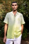 Buy_Asuka_Green Linen Embroidery Ombre Palm Drift Shirt _at_Aza_Fashions