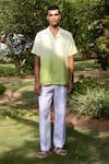 Shop_Asuka_Green Linen Embroidery Ombre Palm Drift Shirt _at_Aza_Fashions