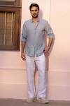 Shop_Asuka_Blue Linen Embroidery Tidal Drift Shirt _at_Aza_Fashions