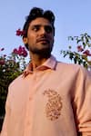 Asuka_Peach Linen Embroidery Blush Paisley Shirt _Online_at_Aza_Fashions