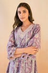 Nero India_Mauve Cotton Embroidery, Cut Work V-neck Chintz Kurta And Pants _at_Aza_Fashions