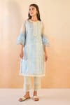 Buy_Nero India_Sky Blue Cotton, Organza, Linen Embroidery Round Neck Floral Kurta Set _at_Aza_Fashions